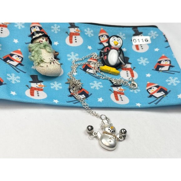 Snowman Necklace & Penguin Brooch Gift Set With Snowman Pattern Pouch - Picture 2 of 2